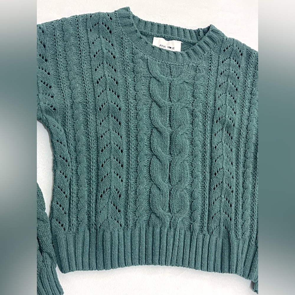 Pink Rose Women’s Polyester Chunky Soft Cozy Cable Knit Green Sweater Small - Picture 2 of 16